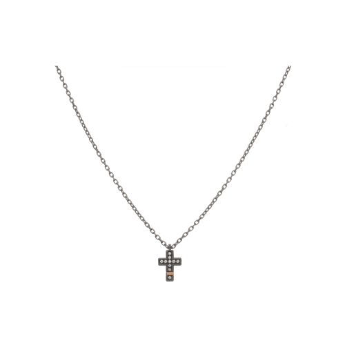 Accedi alla scheda di Mano | J . COLLANA UOMO MINIMAL IN TITANIO E ORO ROSA CON CROCE PICCOLA, DIAMANTI BIANCHI E UN DIAMANTE BLACK - MINPENTWRGCROP - MINPENTWRGCROP