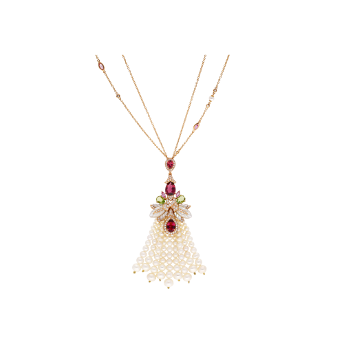 Accedi alla scheda di Bartorelli Italian Jewels COLLANA NAPPA PENDENTE IN ORO ROSA CON CASCATA DI PERLE, DIAMANTI, PERIDOTO, TORMALINA ROSA E MADREPERLA - QNKG04036DSPMPPDPTPLP