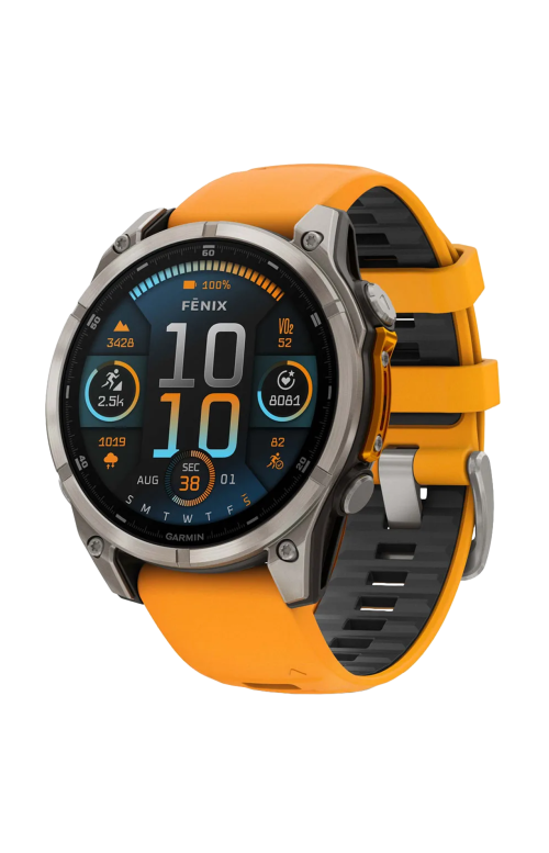 Accedi alla scheda di Garmin FĒNIX&reg; 8 - 47 MM, AMOLED SAPPHIRE, TITANIUM CON CINTURINO IN SILICONE SPARK ORANGE/GRAFITE - 010-02904-11