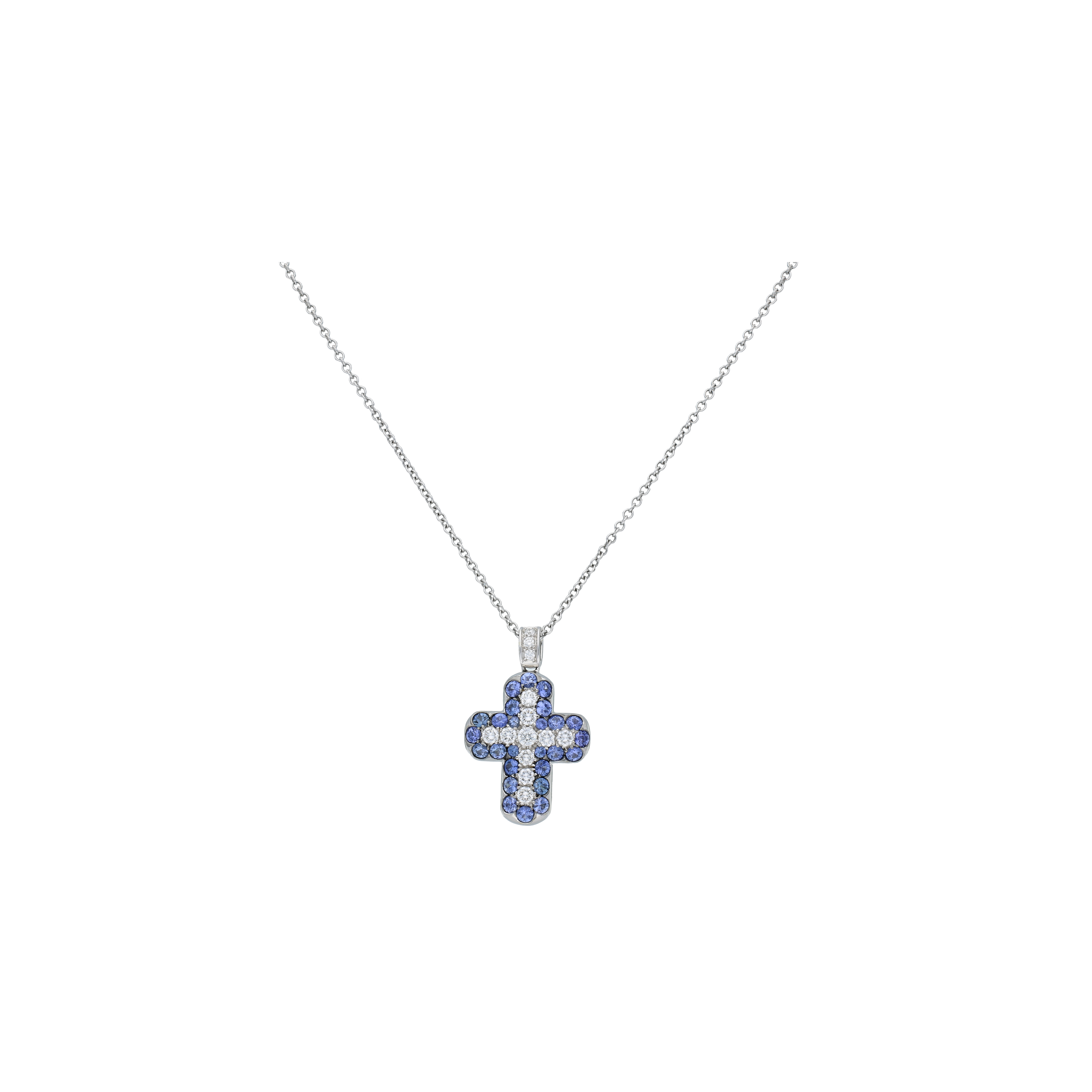 Bartorelli Italian Jewels | COLLANA IN ORO BIANCO CON PENDENTE CROCE IN PAV&Eacute; DI DIAMANTI E ZAFFIRI BLU - 12405Z2L (1)