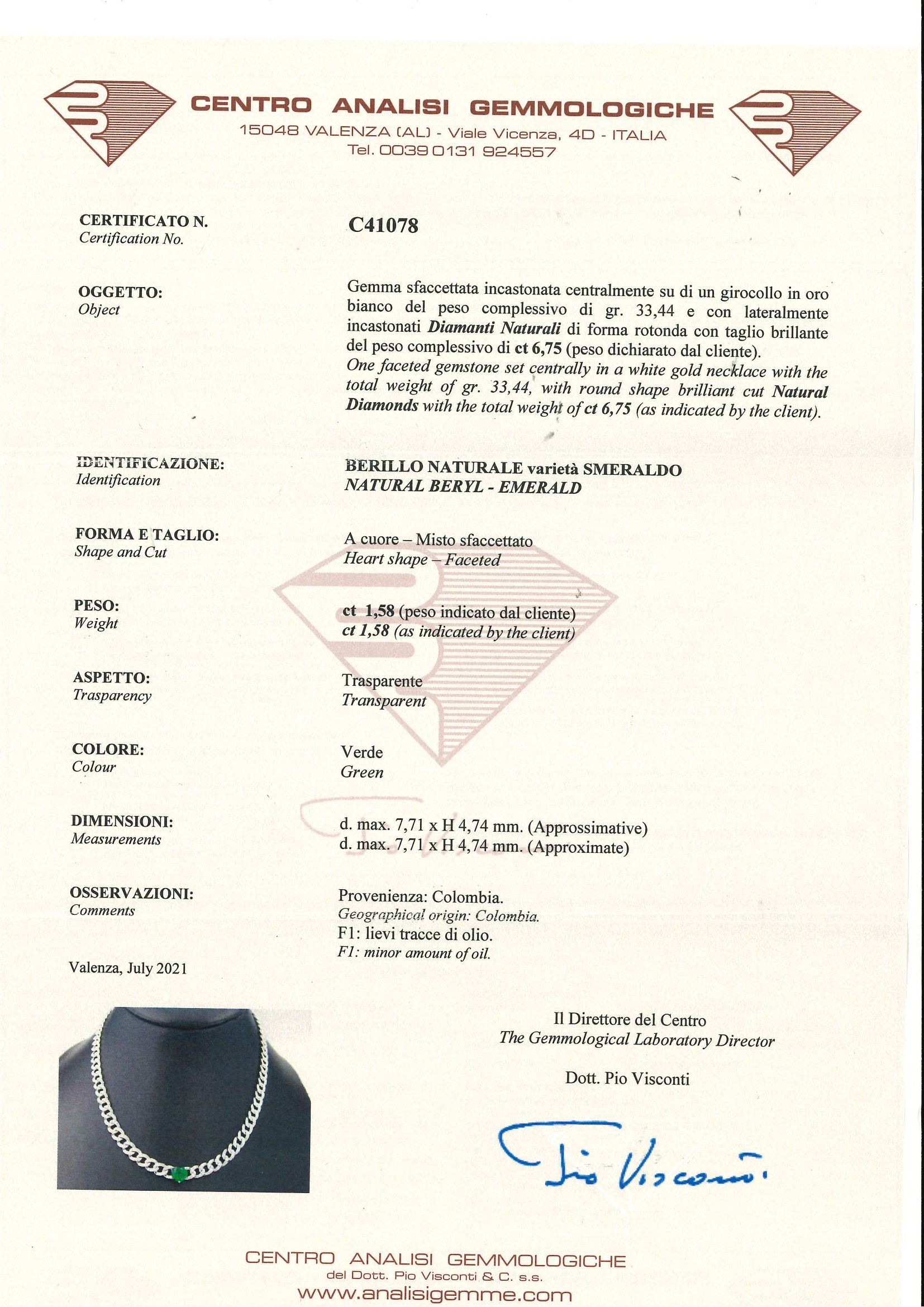 Bartorelli Italian Jewels | COLLANA GIROCOLLO GROUMETTE IN ORO BIANCO CON DIAMANTI E SMERALDO CUORE (CERT. ORIG.) - 234-5631-G (2)