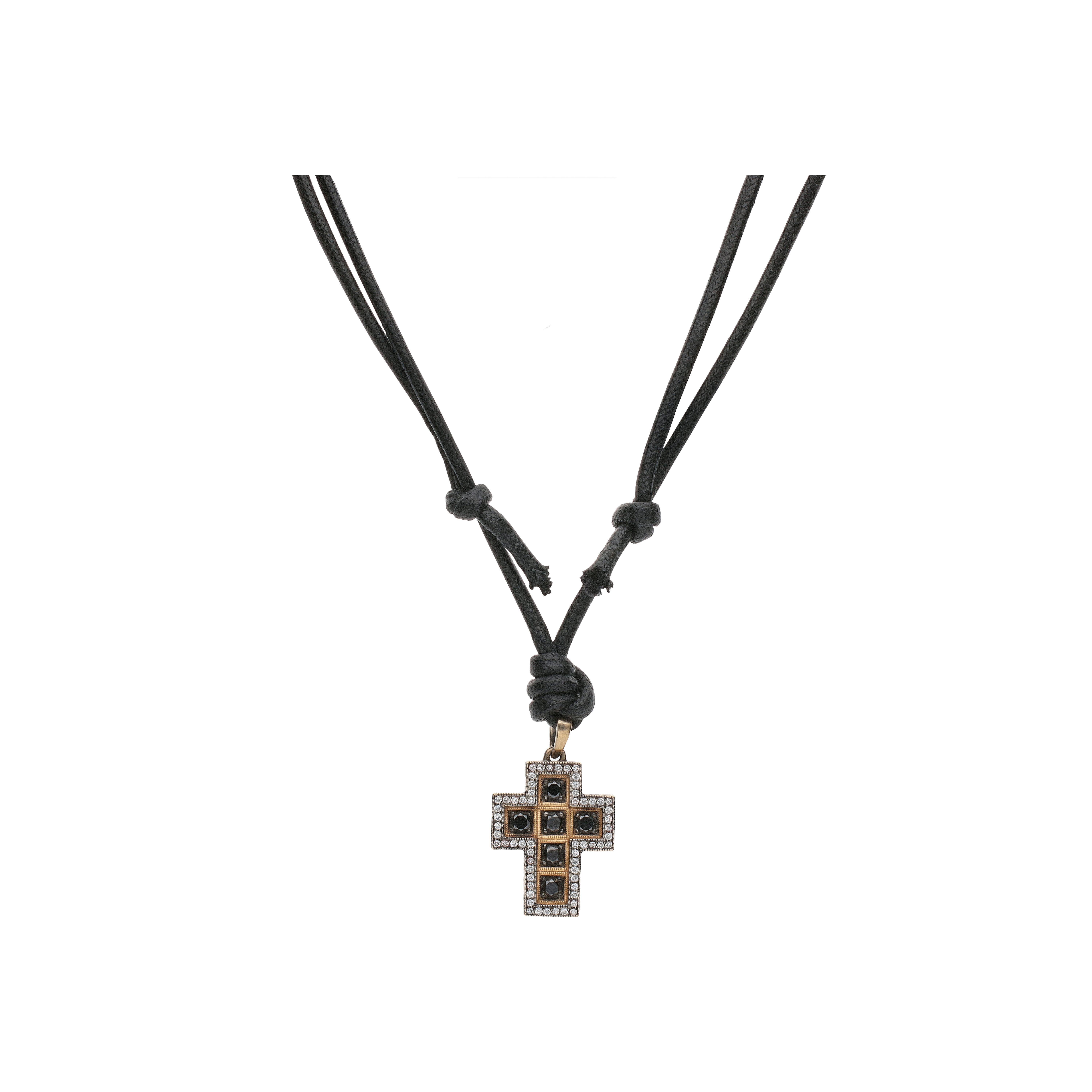 Bartorelli Italian Jewels | COLLANA CON CORDINO NERO, PENDENTE CROCE IN ORO ROSA E ORO BRUNITO CON DIAMANTI NERI E DIAMANTI BIANCHI - VP26537DDKX (1)