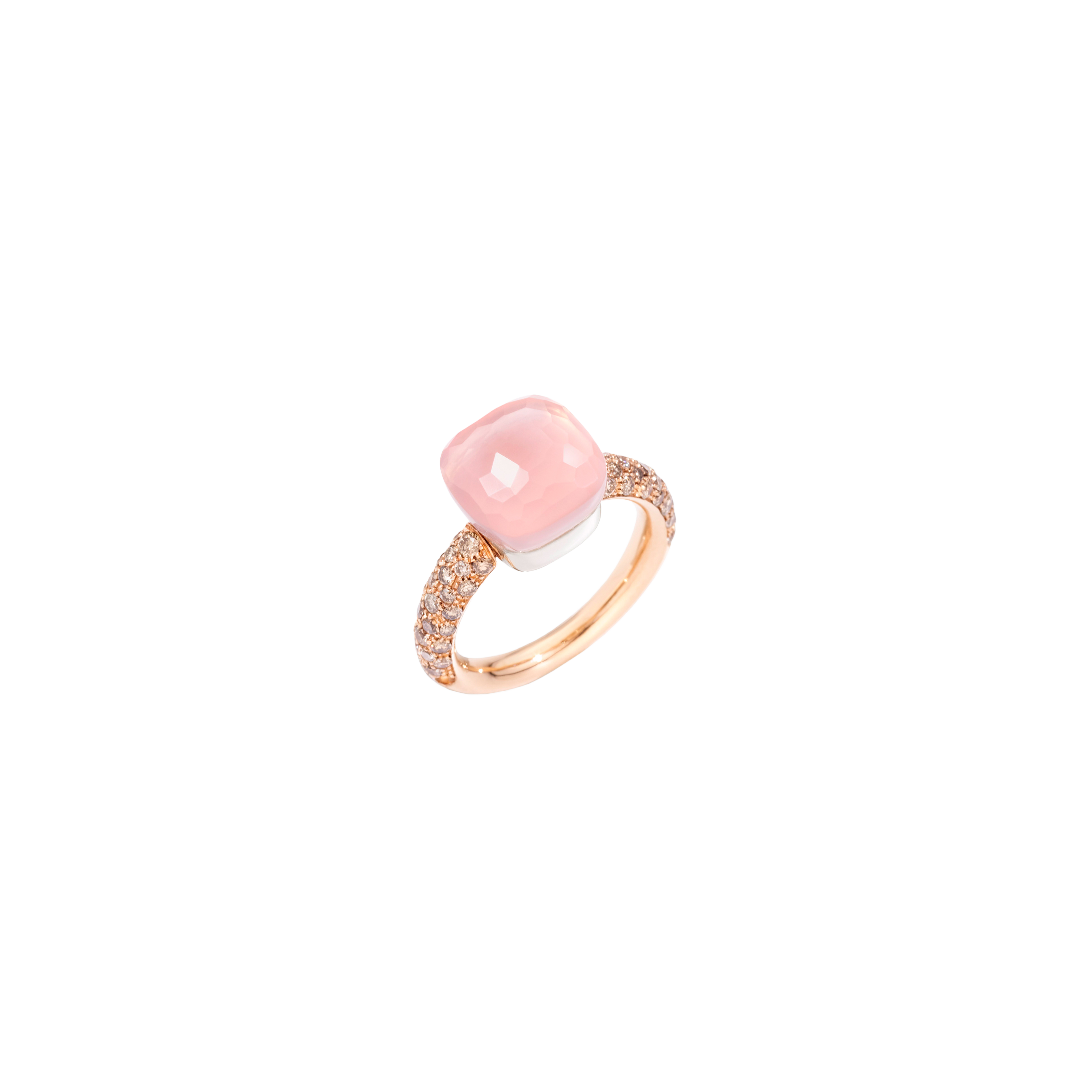 Pomellato | POMELLATO NUDO - ANELLO NUDO CLASSIC CON DIAMANTI, IN ORO ROSA  CON CASTONE IN ORO BIANCO , QUARZO ROSA, CALCEDONIO SFACCETTATO E DIAMANTI BROWN - A.C004BRO6/QR - PAC0040O7000BRCQR (1)