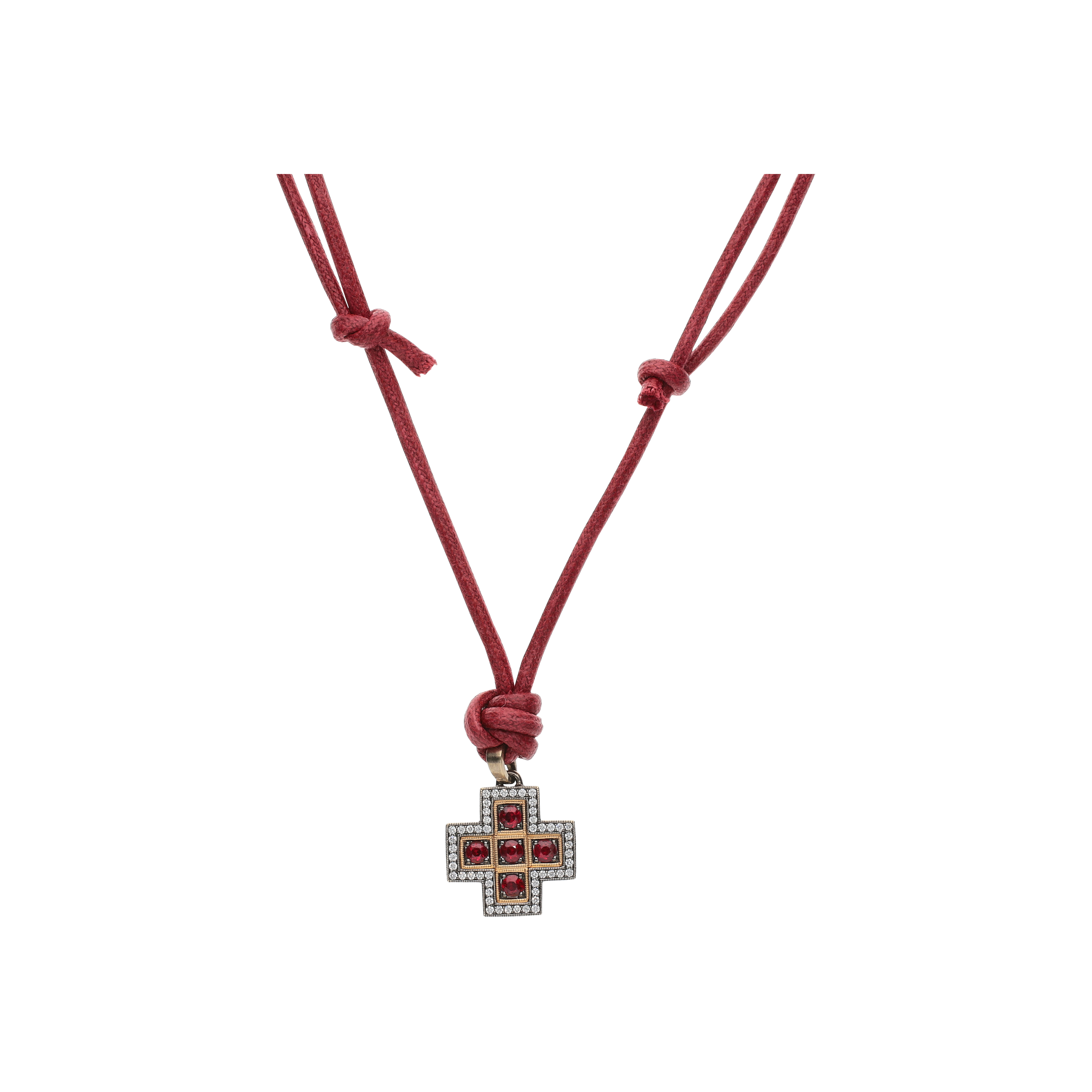 Bartorelli Italian Jewels | COLLANA CON CORDINO ROSSO E CIONDOLO CROCE QUADRATA IN ORO ROSA, ORO BRUNITO, RUBINI E DIAMANTI - VP27670RUDX (1)