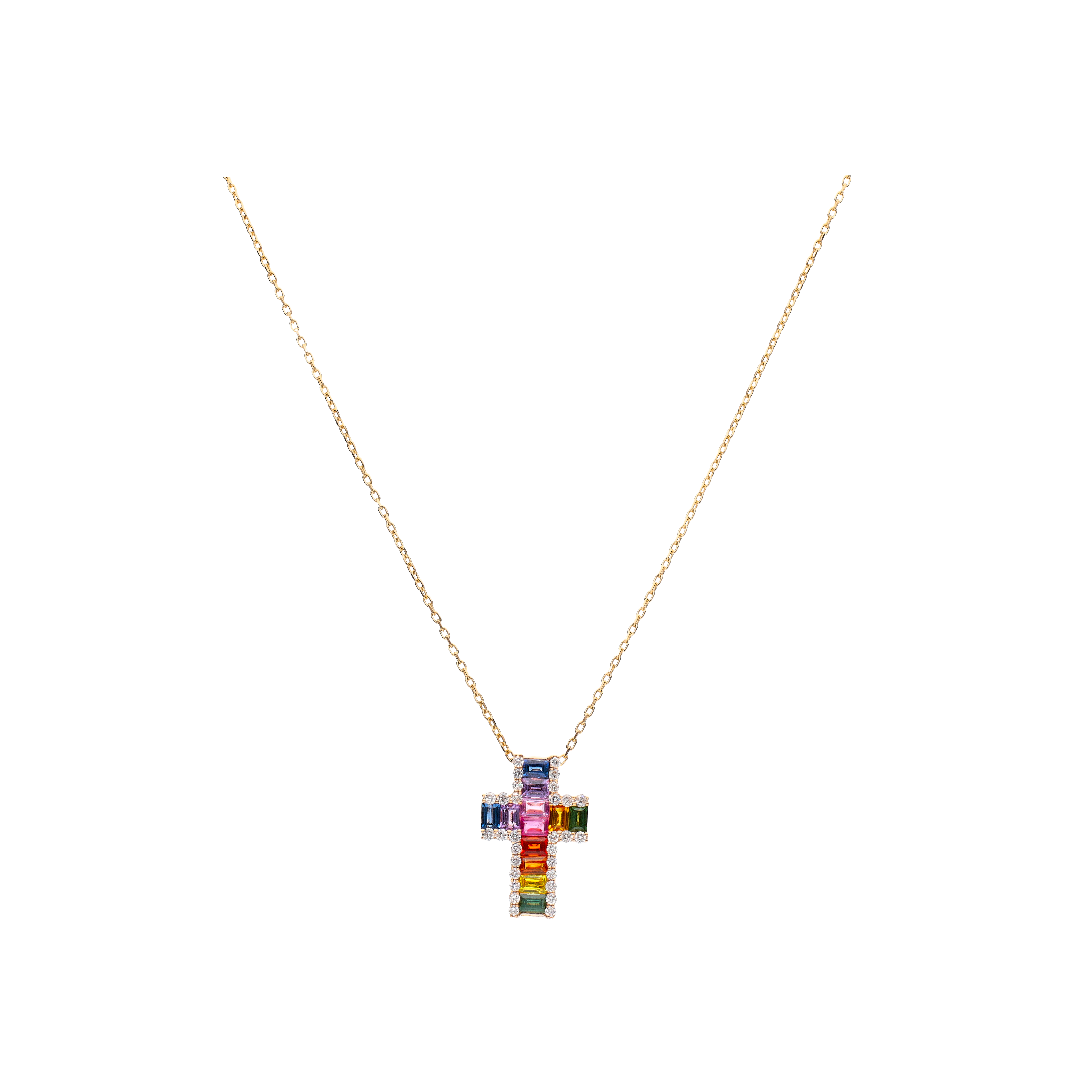 Bartorelli Italian Jewels | COLLANA IN ORO ROSA CON CROCE PENDENTE IN PAV&Eacute; DI ZAFFIRI MULTICOLOR E DIAMANTI - P00587RB11 (1)