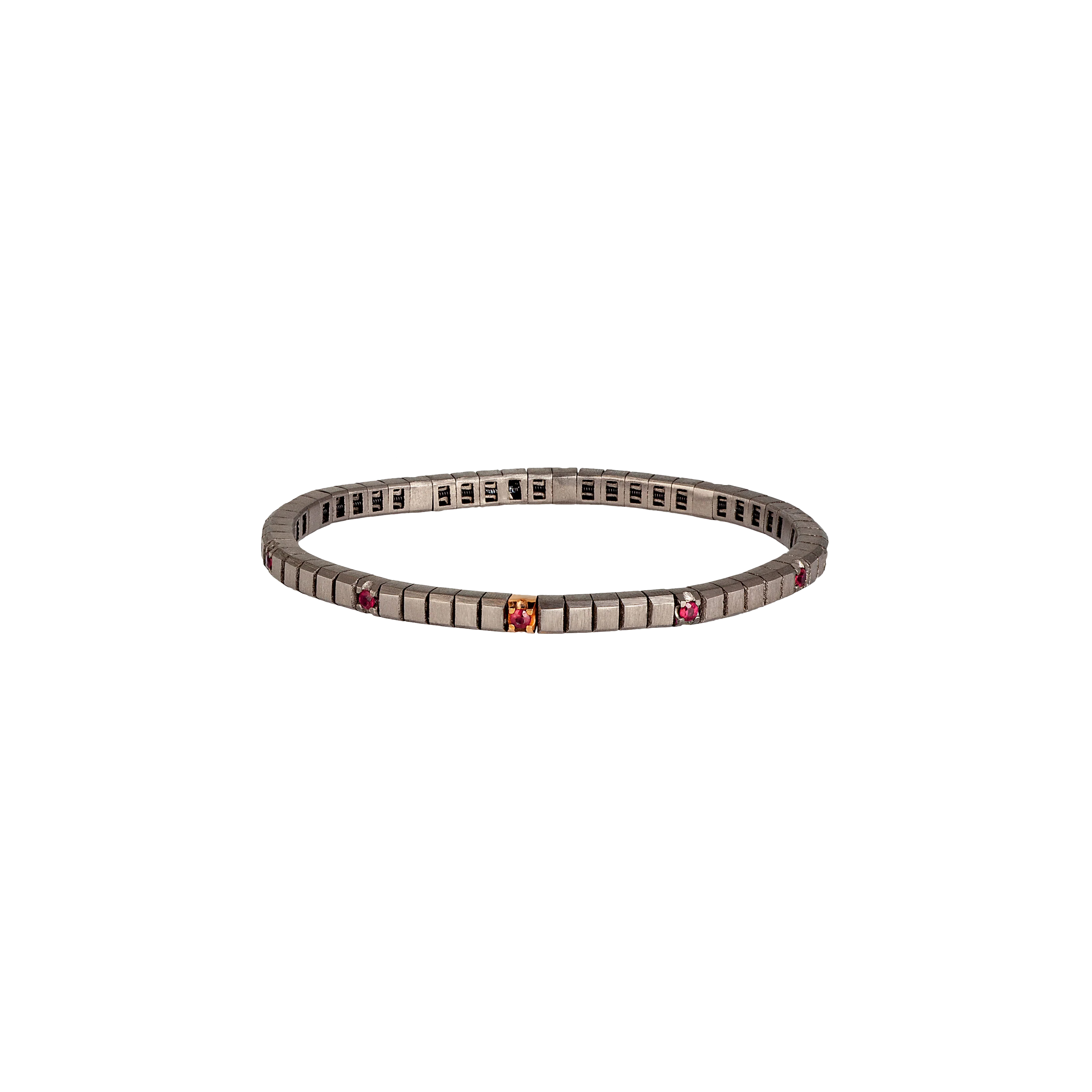 Mano | J . | BRACCIALE TENNIS UOMO LINEA ELASTICA LOOP IN TITANIO, ORO ROSSO 18 KT E 10 RUBINI DA 5 PUNTI - TENBRT11RUBRGBR5PT (1)