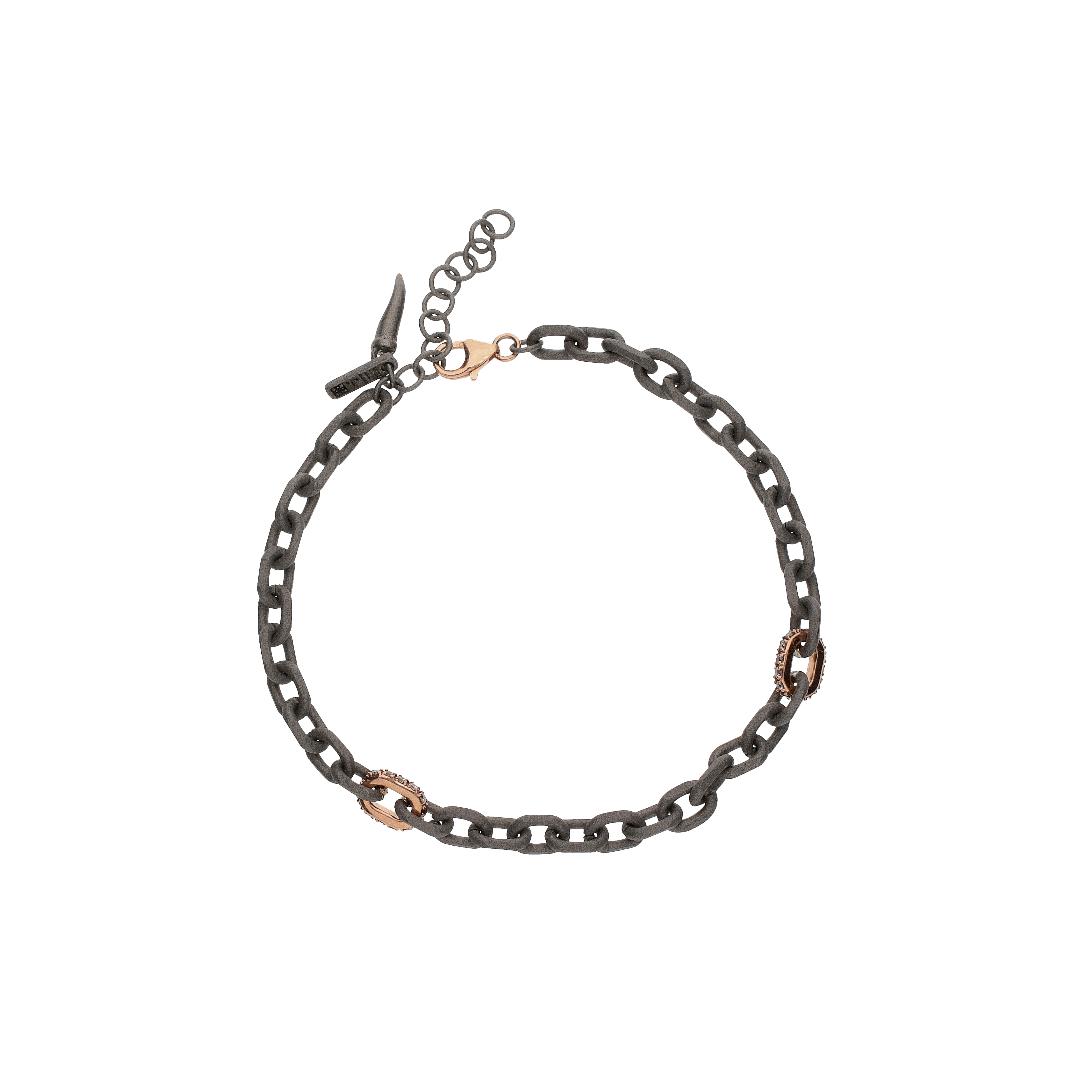 Mano | J . | BRACCIALE UOMO MINIMAL IN TITANIO CON MOSCHETTONE E DUE MAGLIE IN ORO ROSSO E DIAMANTI BROWN - CATBRT2BROWNRG (1)