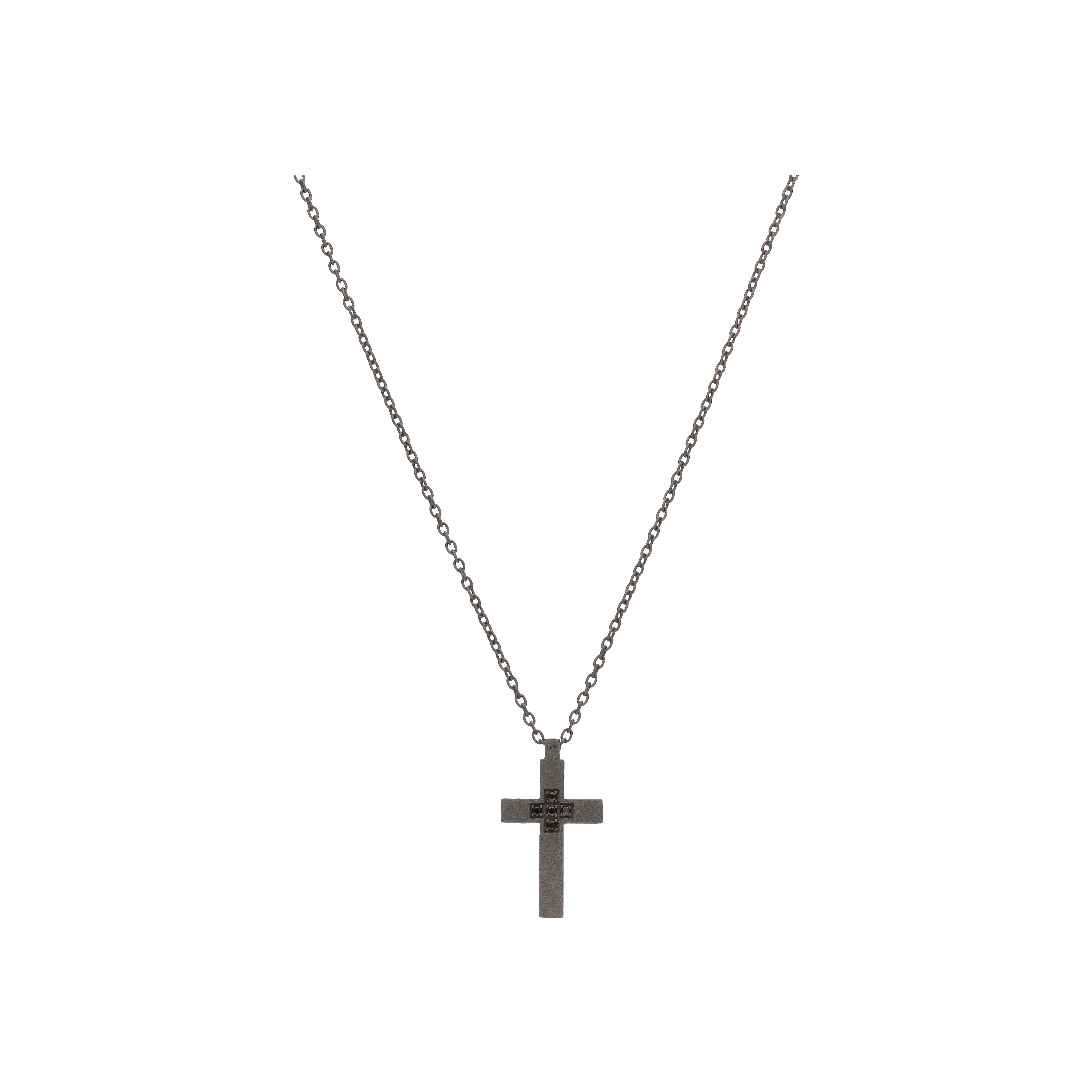 Mano | J . | COLLANA MINIMAL IN TITANIO CON CROCE INCASSATA DIAMANTI BLACK E MOSCHETTONE IN ORO ROSA - MINPEN1CRO5BTI (1)