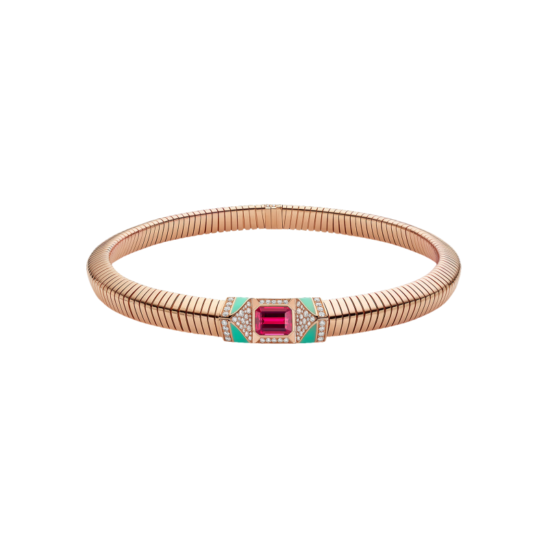 Bulgari | COLLANA BVLGARI TUBOGAS IN ORO ROSA CON DIAMANTI E RUBELLITE - CL860177 (1)