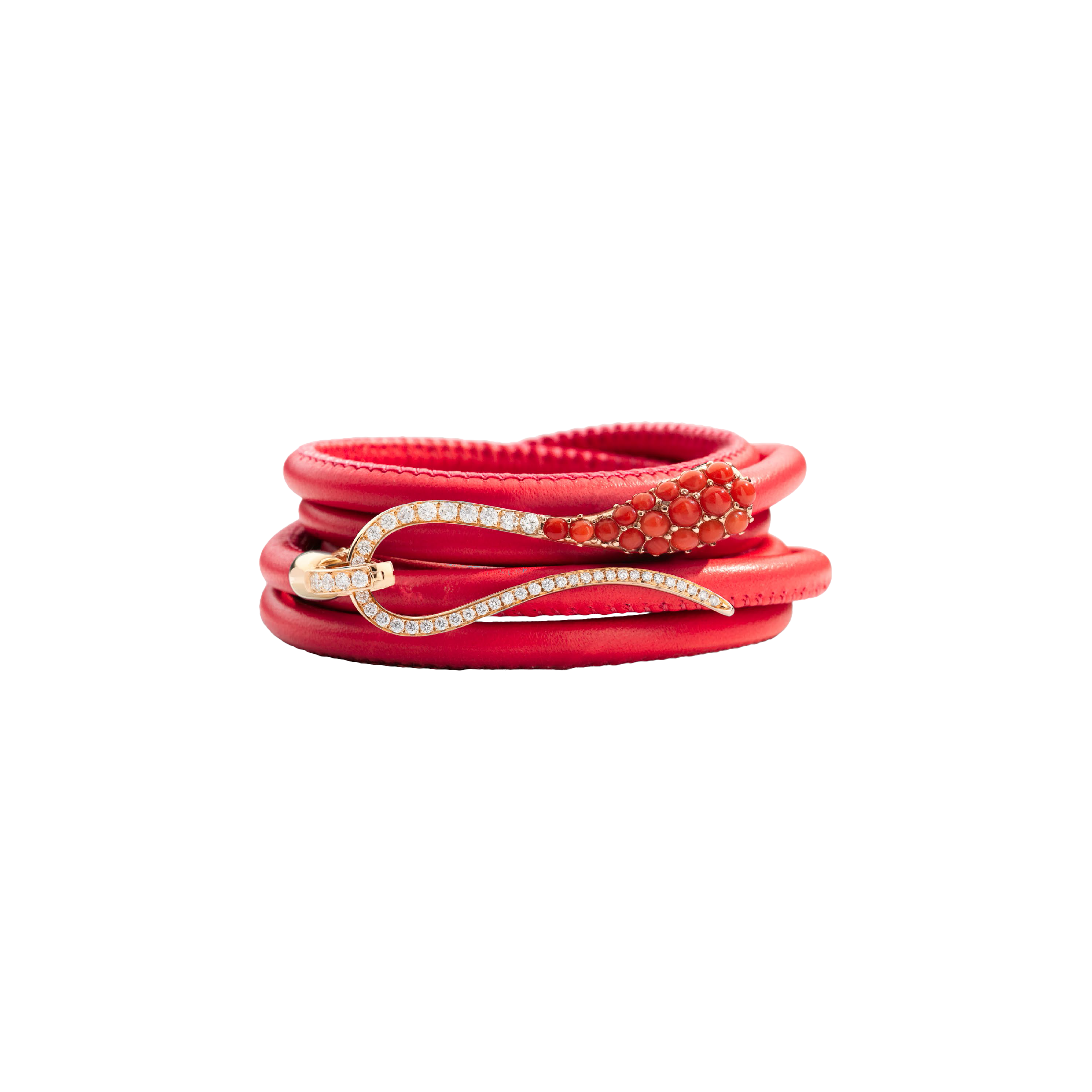 Dada Arrigoni | BRACCIALE IN PELLE CORALLO ELIKA PAV&Eacute; IN ORO ROSA CON DIAMANTI E CORALLO - DEK23BRRRCODIXQ (1)