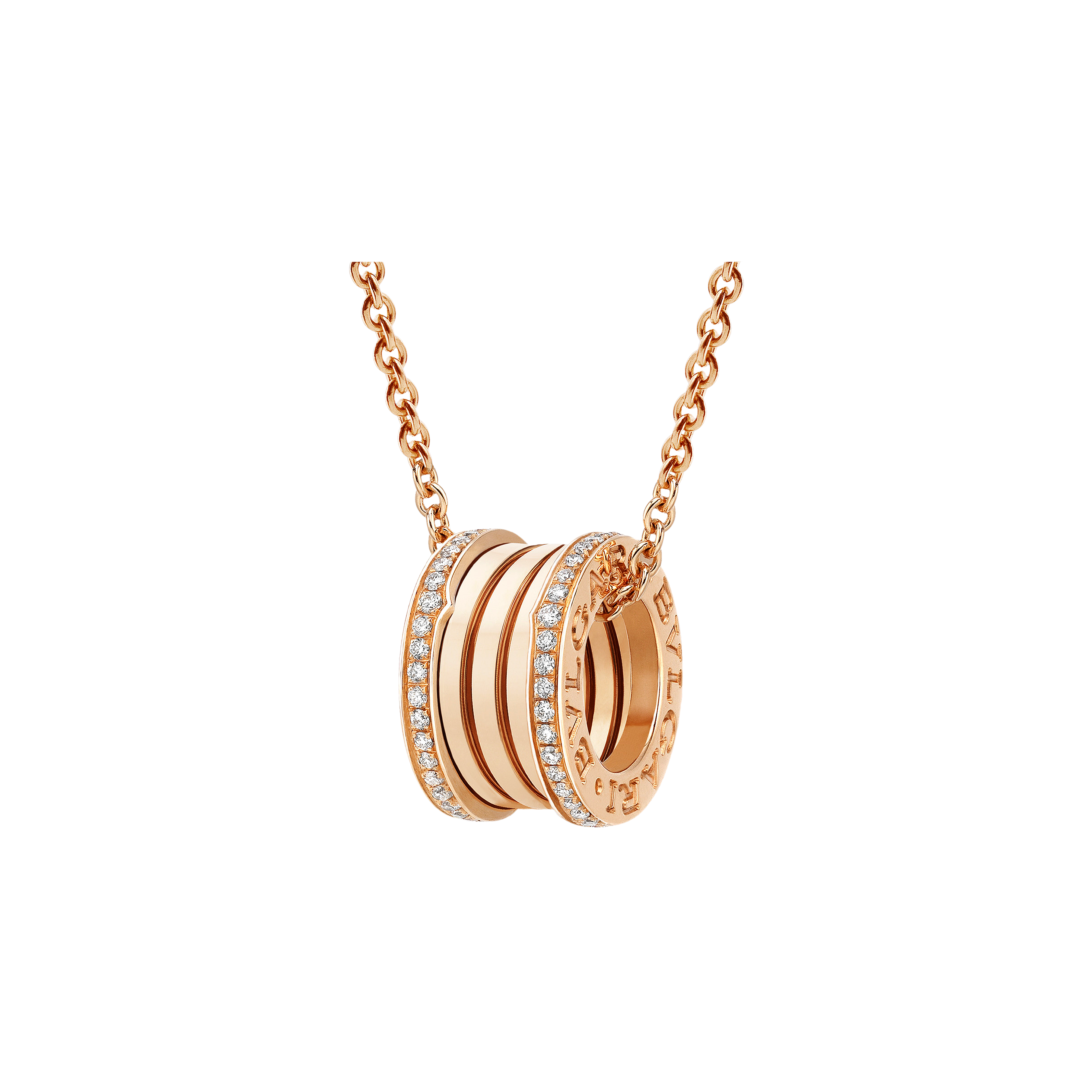 Bulgari | COLLANA B.ZERO1 CON CATENA IN ORO ROSA 18 KT E PENDENTE TONDO IN ORO ROSA 18 KT CON PAVE' DI DIAMANTI LUNGO I LATI - CL857025 (1)