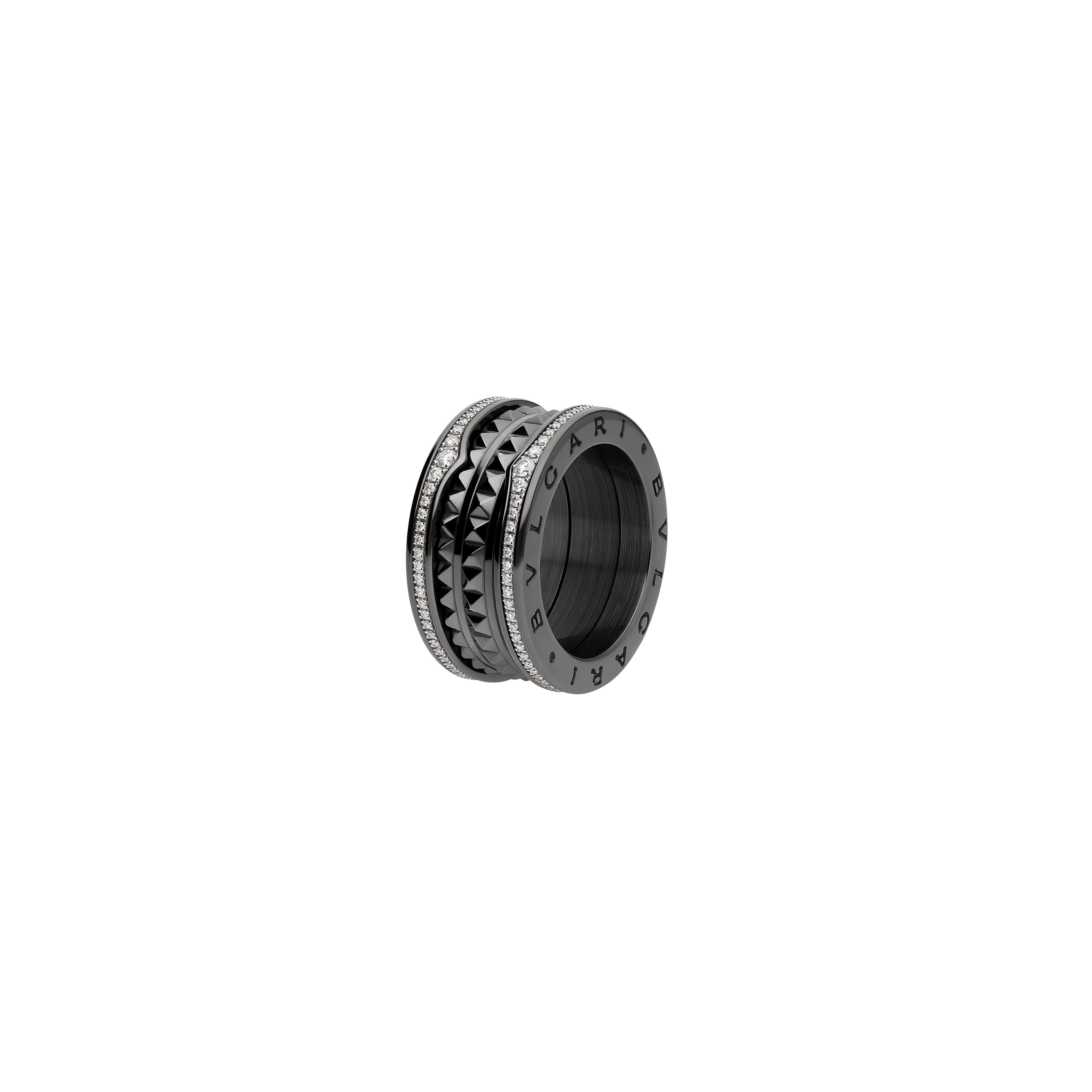 Bulgari | ANELLO B.ZERO1 ROCK A 4 FASCE IN CERAMICA NERA CON PAV&Eacute; DI DIAMANTI E SPIRALE CON BORCHIE - AN859390 (1)