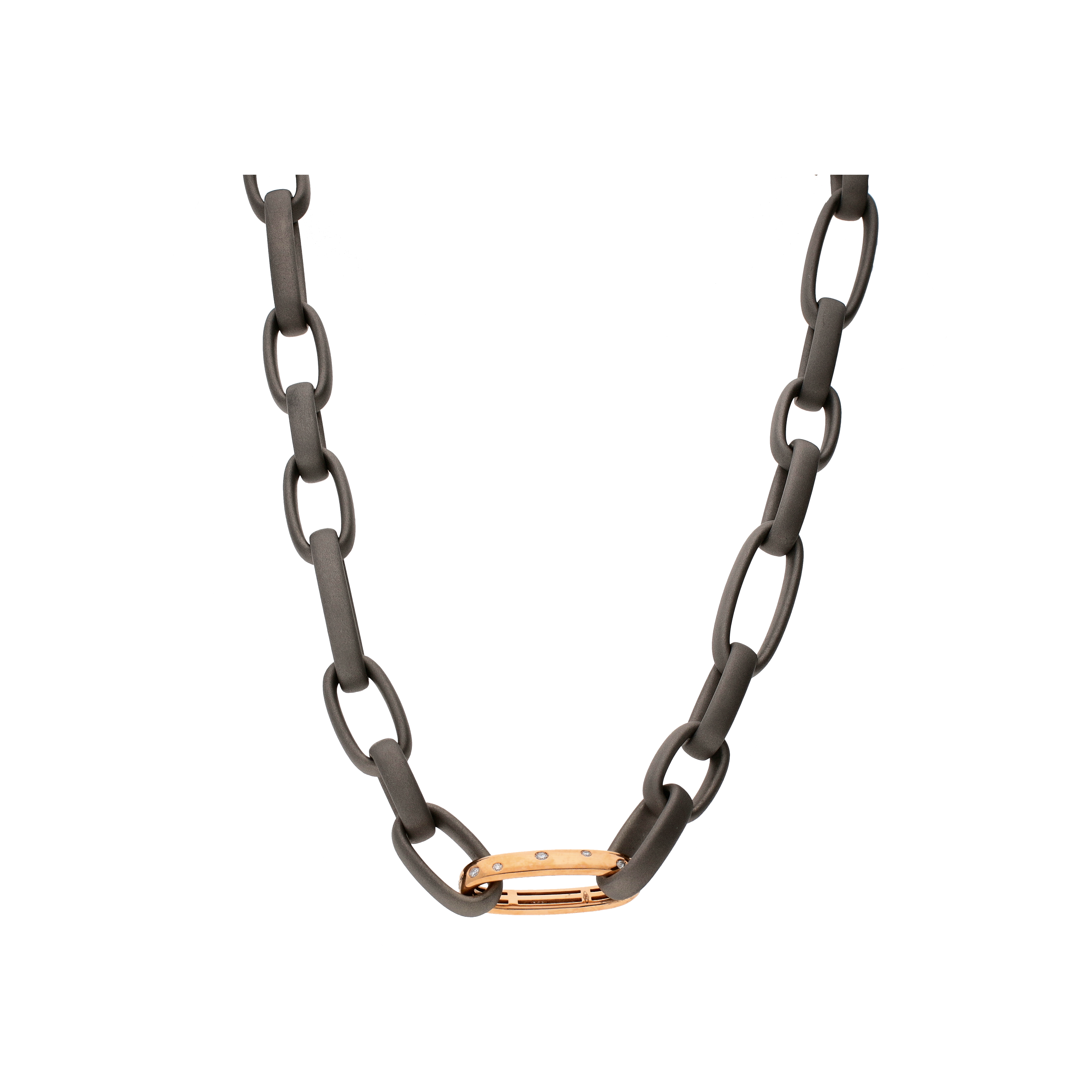 Mano | J . | COLLANA IN TITANIO SABBIATO A MAGLIE BOMBATE OVALI, ORO ROSA E DIAMANTI - CCO7DWH (1)