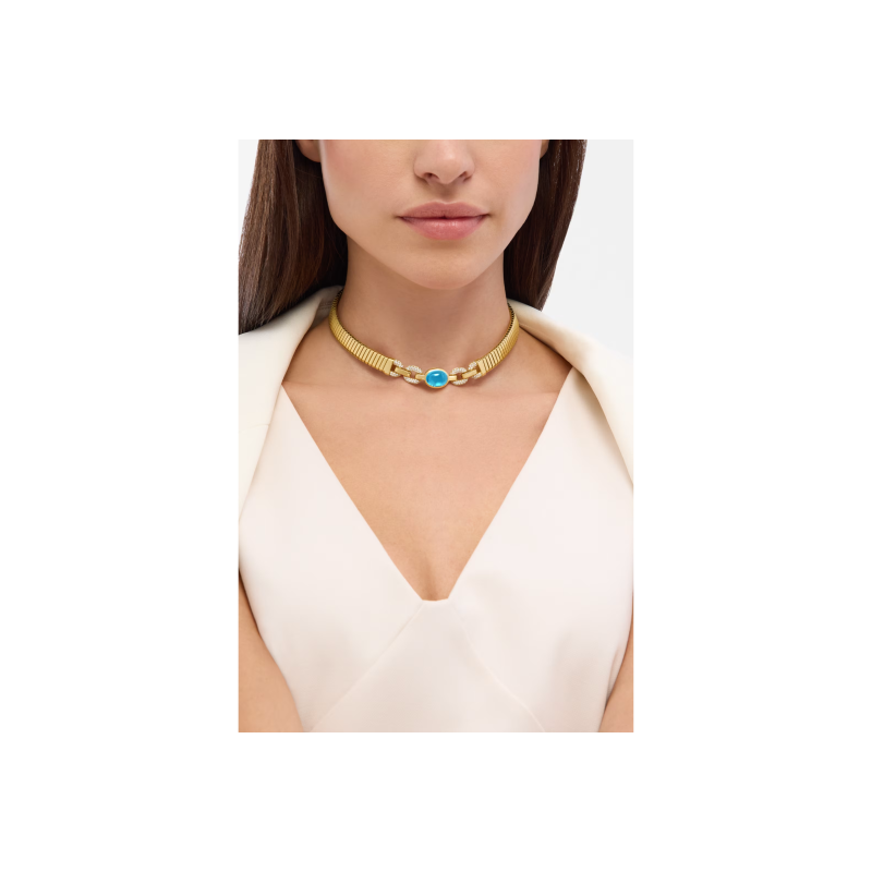 Bulgari | COLLANA BVLGARI TUBOGAS COLOR IN ORO GIALLO CON TOPAZIO BLU E DIAMANTI - CL860533 (5)
