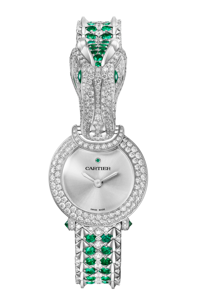 Cartier | OROLOGIO GIOIELLO ANIMALIER, ORO BIANCO, DIAMANTI, SMERALDO, QUARZO - HPI01784 (1)