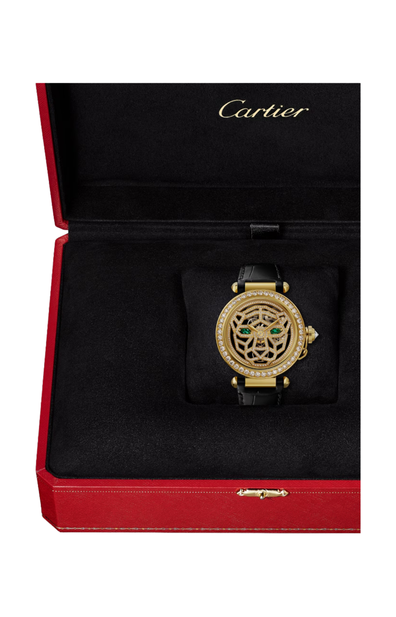 Cartier | OROLOGIO GIOIELLO PANTH&Egrave;RE, 41 MM, MANUALE, ORO GIALLO, DIAMANTI, SMERALDI, SCHELETRATO - HPI01359 (4)