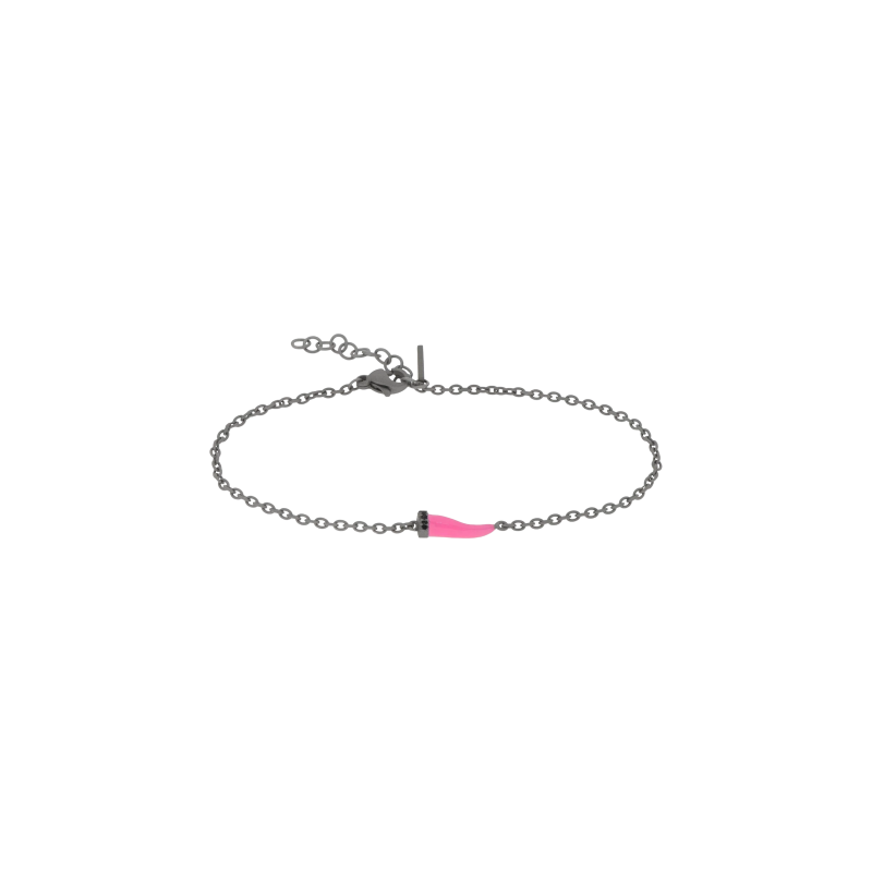 Mano | J . | BRACCIALE CHARMS UOMO LUCKY HORN CON CORNETTO MINI SMALTATO FUCSIA IN TITANIO, 3 BLACK E CATENA - BRC1010 (1)