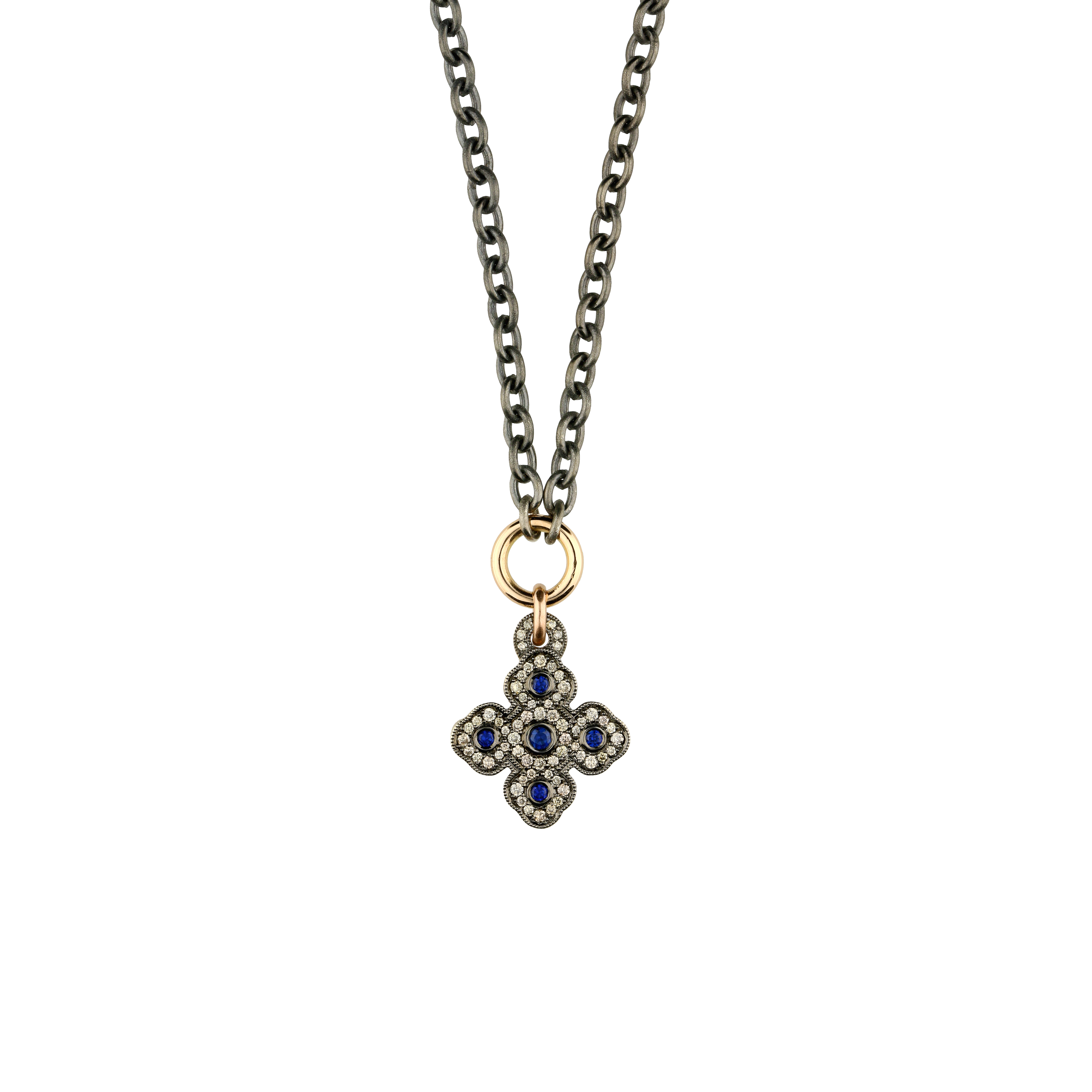 Bartorelli Italian Jewels | Collana con ciondolo croce in oro brunito, diamanti brown e zaffiri blu - VP25819DBSBX09 (1)